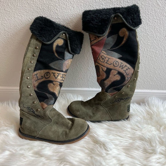 Ed Hardy Shoes - Ed Hardy green skull Y2K fur winter boots